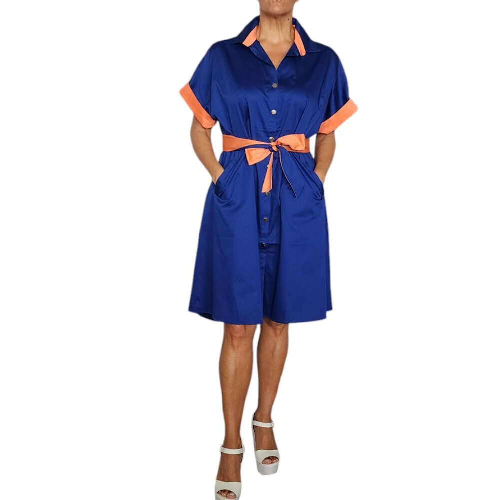 Women's Chic Blue Shirt Dress with Orange Contrast Trim With Belt One Size